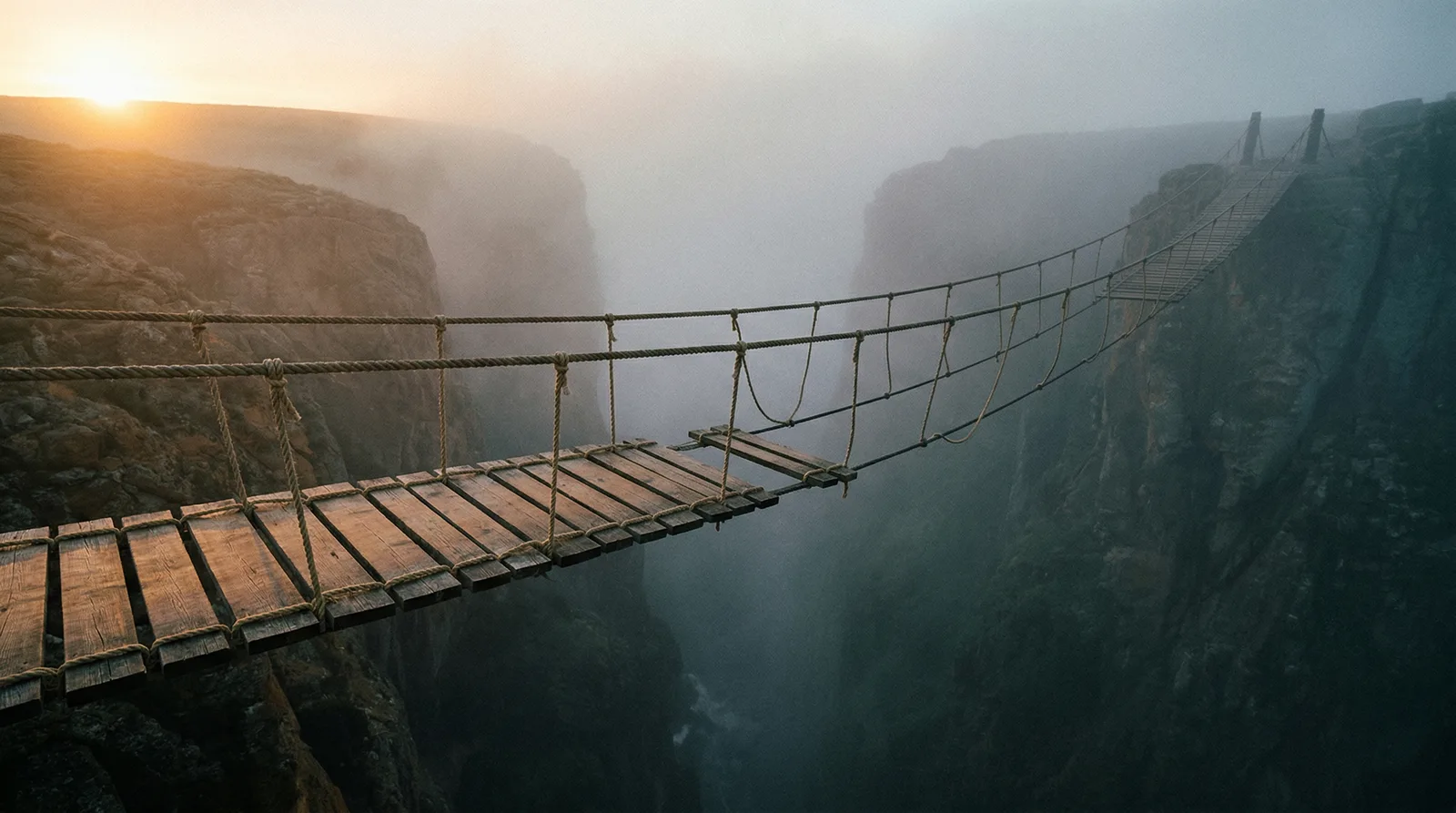 A wooden rope suspension bridge spanning a foggy canyon at sunrise.