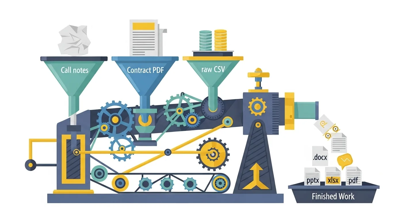 Cartoon machine with funnels labeled Call notes, Contract PDF, raw CSV outputting docx, xlsx, pdf files.