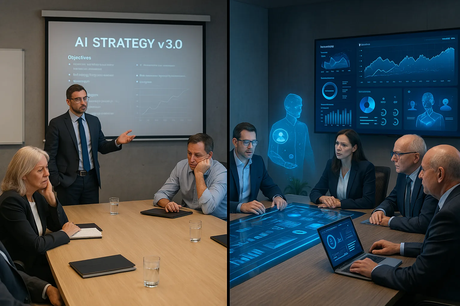 Split image: presenter showing AI Strategy v3.0 slide, and executives at a glowing data table.