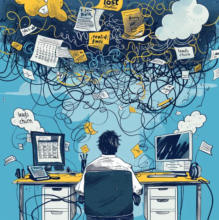 Illustration of a person at a desk between two monitors amid tangled wires and notes reading lost and leads churn.