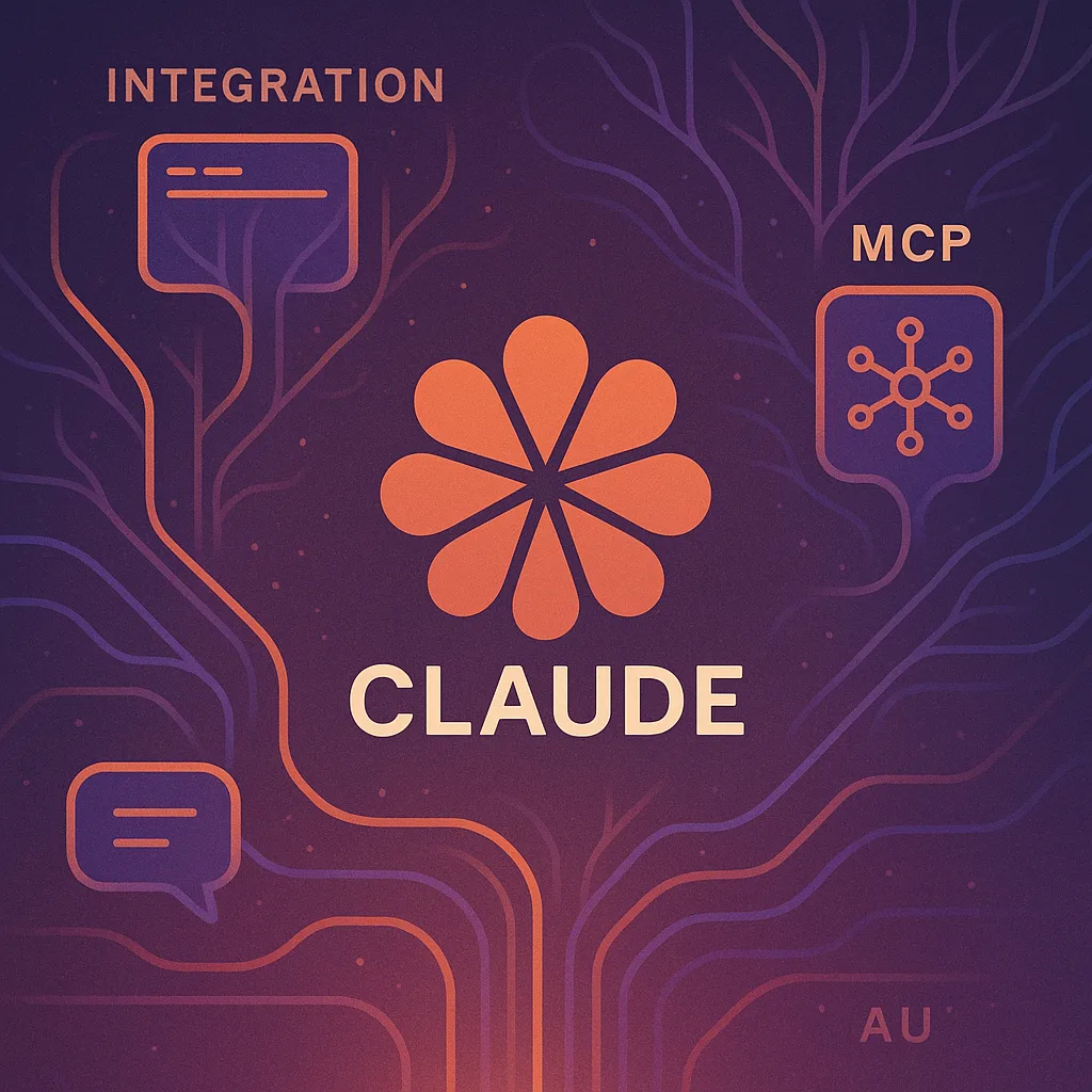 Orange Claude flower logo on purple background with Integration, MCP, and chat bubble icons.
