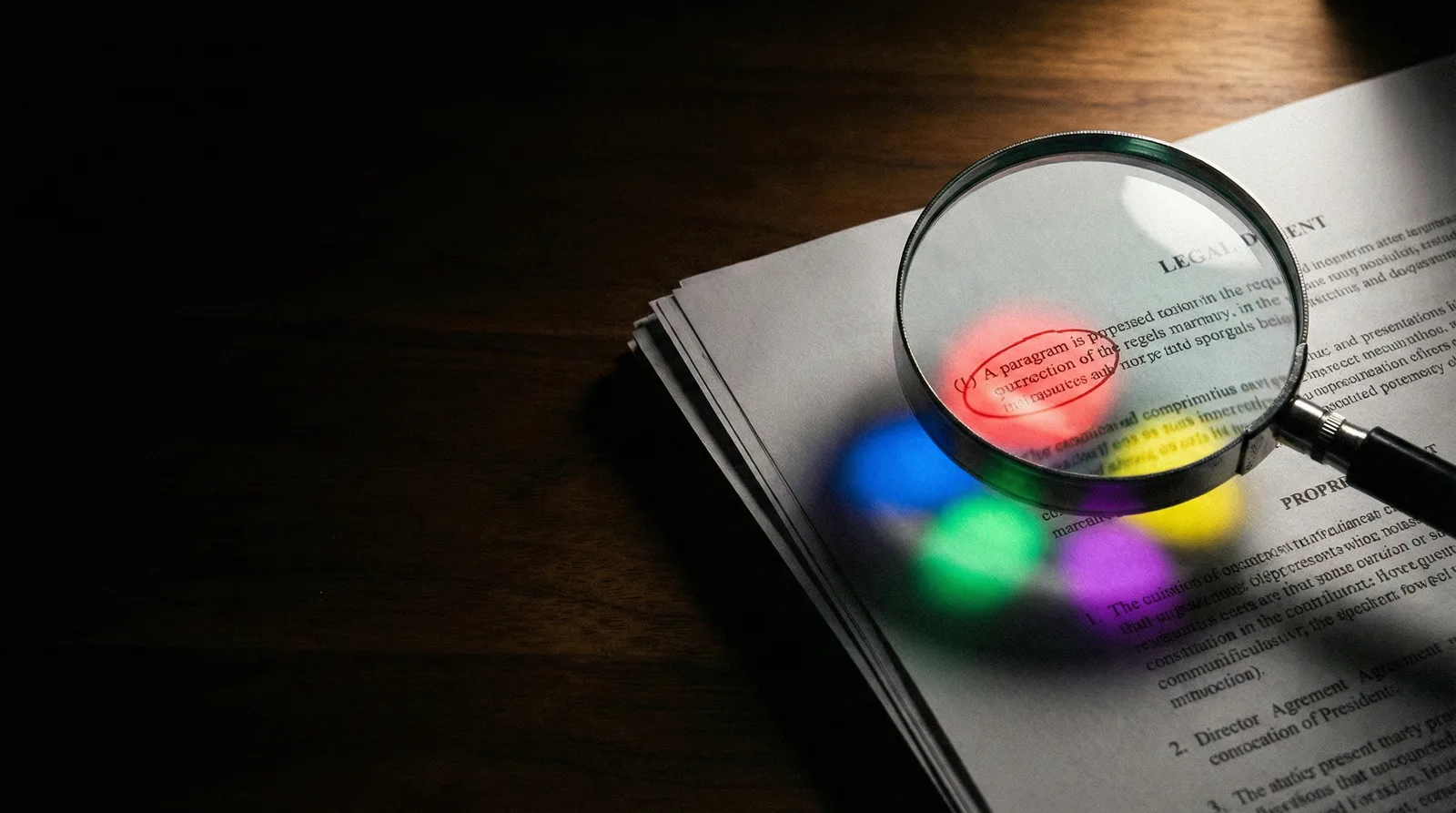 A magnifying glass over a Legal Document, casting colorful bokeh light and showing a red-circled paragraph on a dark desk.