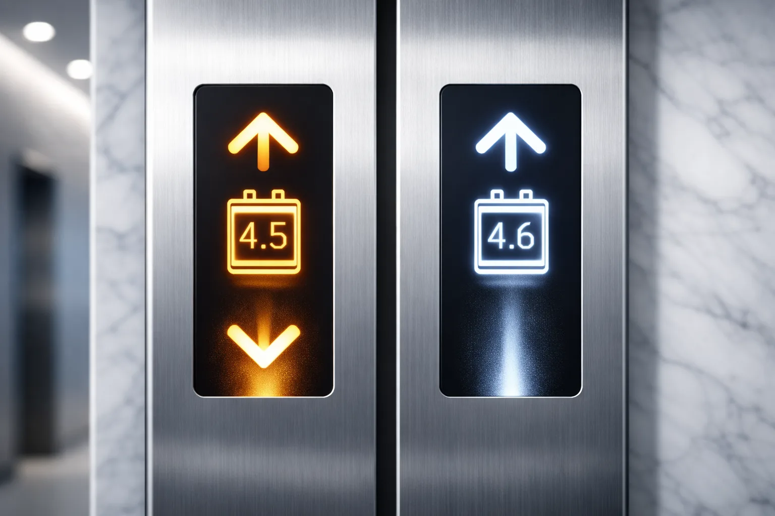 Two steel elevator panels, amber display reads 4.5 and white display reads 4.6.