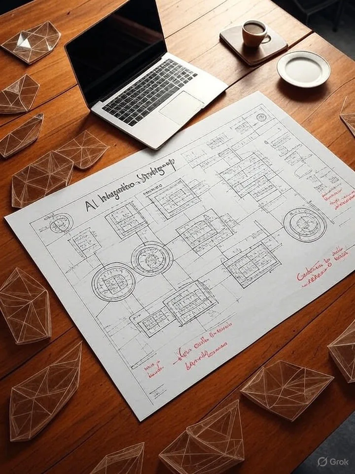 Hand-drawn AI integration strategy diagram on paper beside a laptop and coffee cup.
