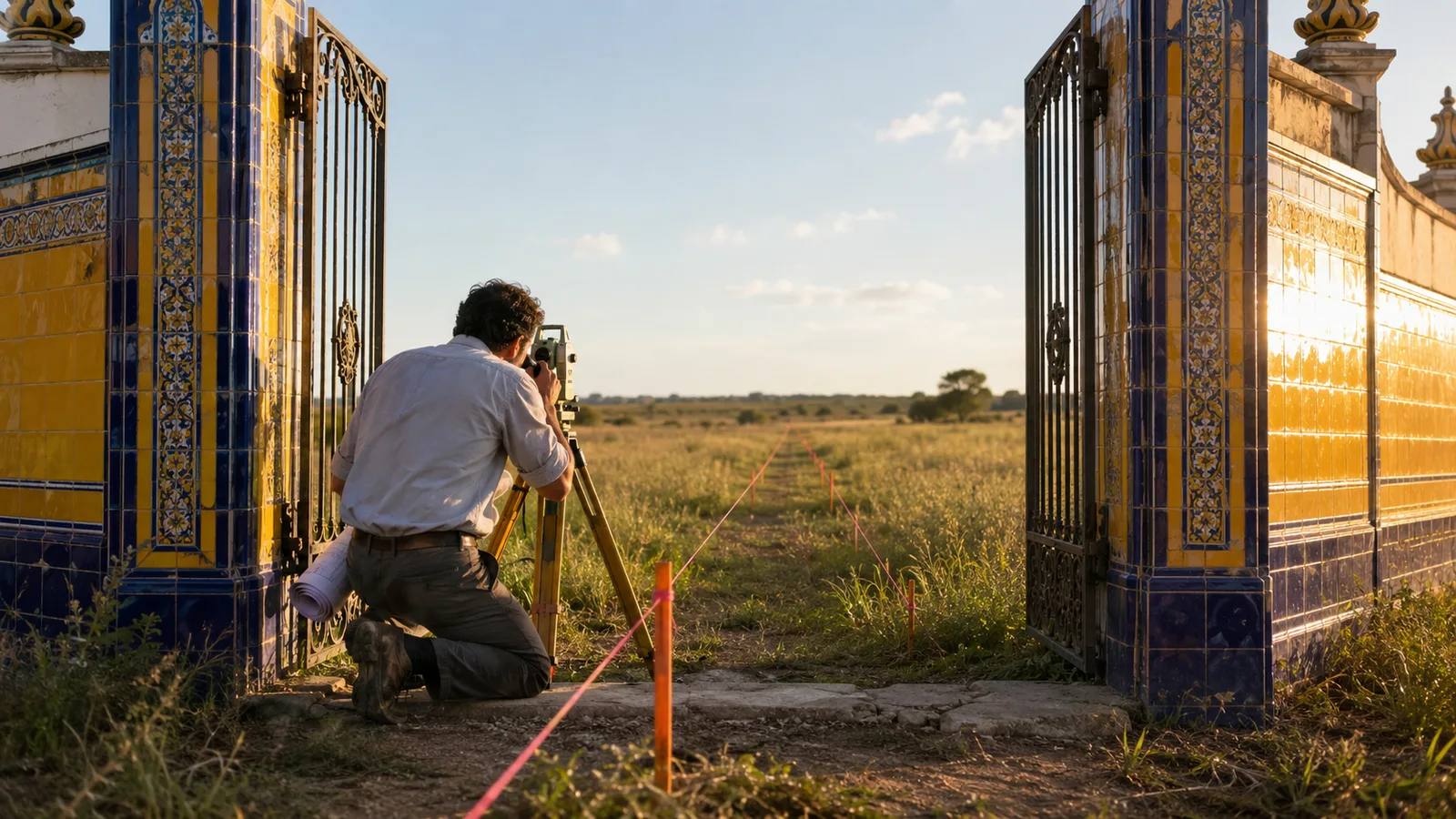 A surveyor kneels at an open set of ornate gates, measuring a field marked with guide lines before proceeding, a visual metaphor for permission arriving before operational readiness.
