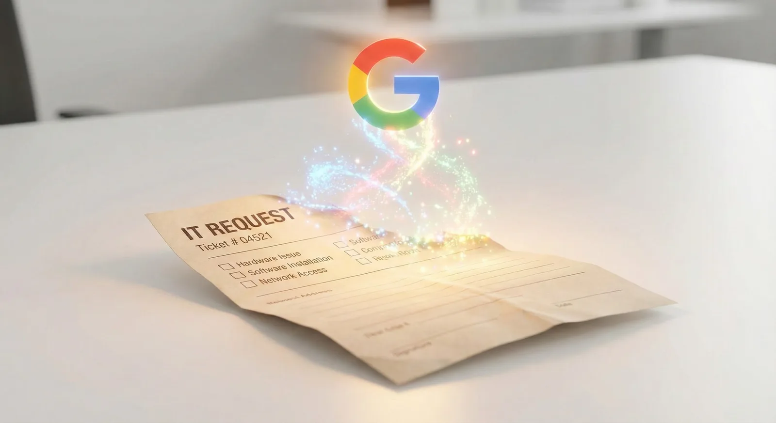 Folded paper IT Request ticket on white desk with colorful Google G logo and sparkles rising above it