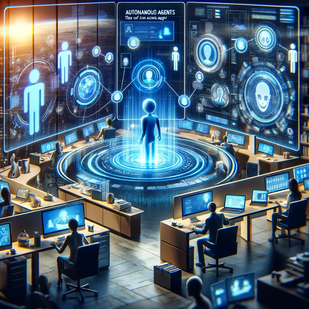 Illustration of autonomous AI agents as glowing figures in a network above an office of workers