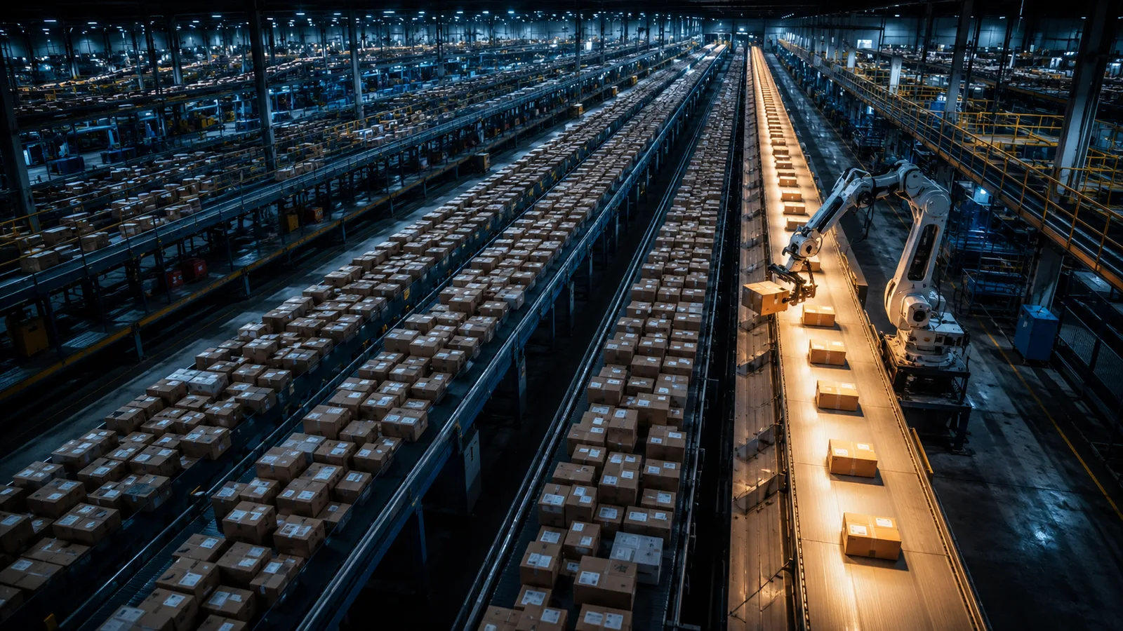 Overhead view of a vast automated warehouse at night, with long conveyor lines of packages and robotic sorting arms.