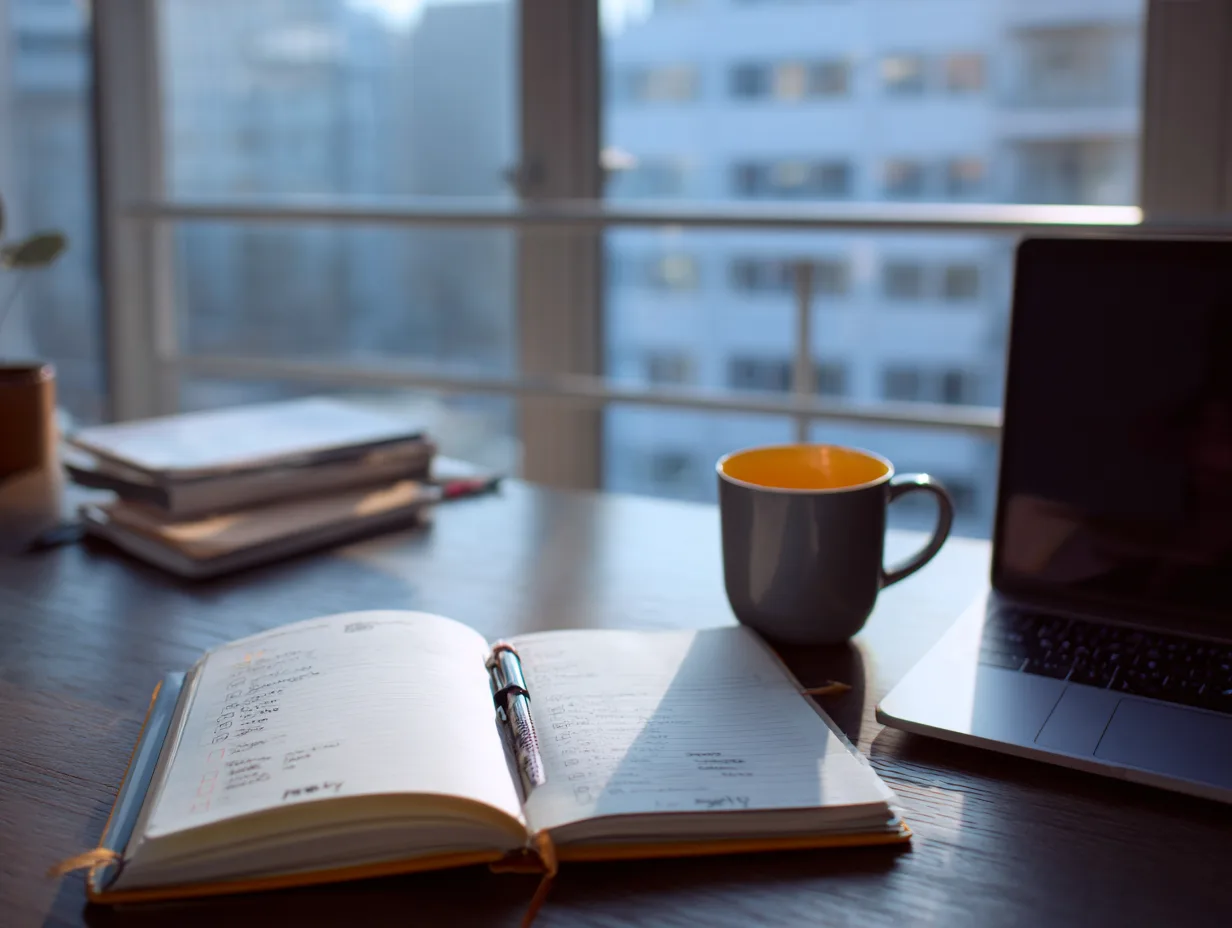 Open notebook with handwritten lists beside a coffee mug and laptop on a desk by a window.