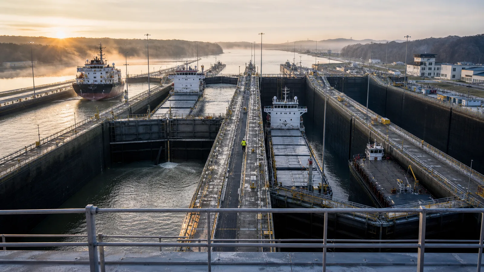 Aerial view of cargo ships entering large canal locks at sunrise with morning mist.