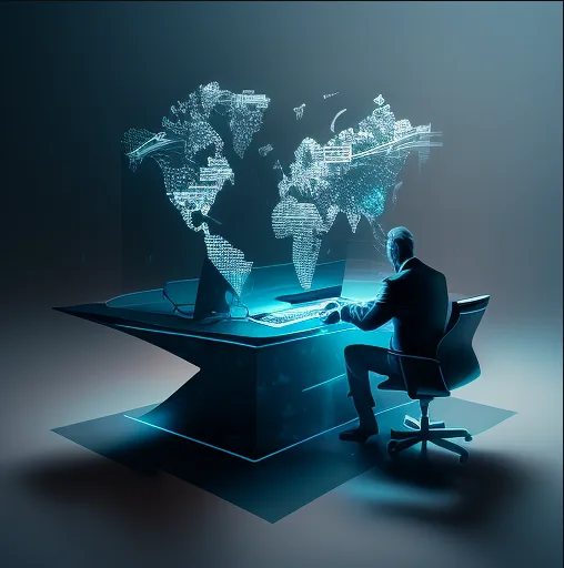 Silhouette of a man at a desk facing a glowing blue holographic world map of digital data.