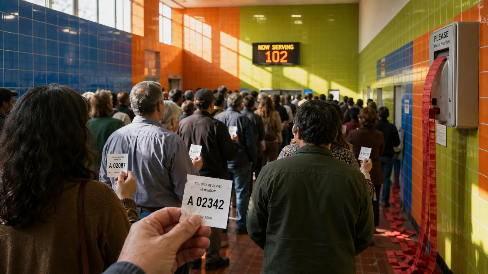 A crowded waiting hall where people clutch numbered tickets while a display is only serving number 102 and the foreground ticket reads A 02342, a picture of institutions rationing access even as technology makes labor abundant.
