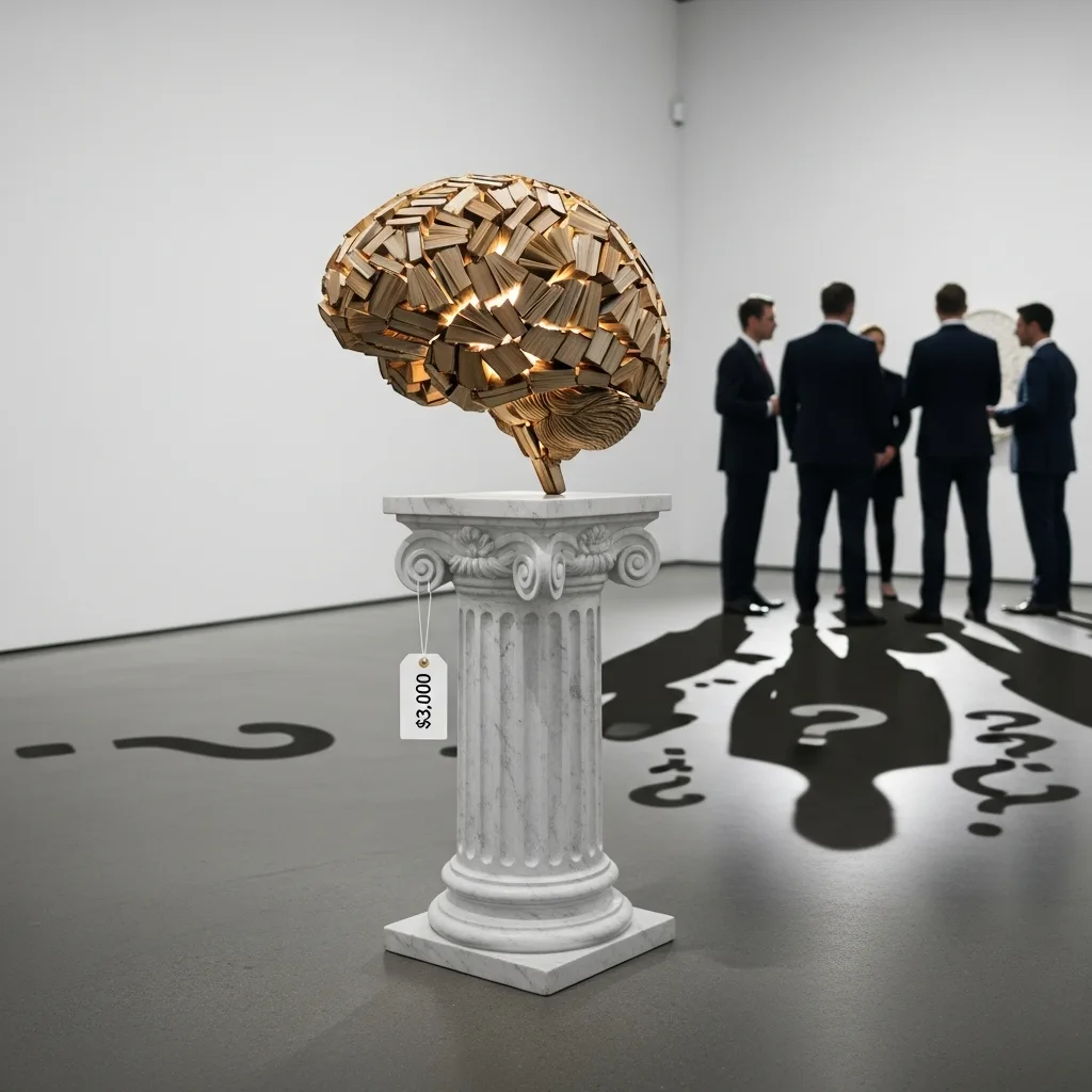 Brain sculpture made of books on a marble column tagged 3,000 in a gallery with onlookers.