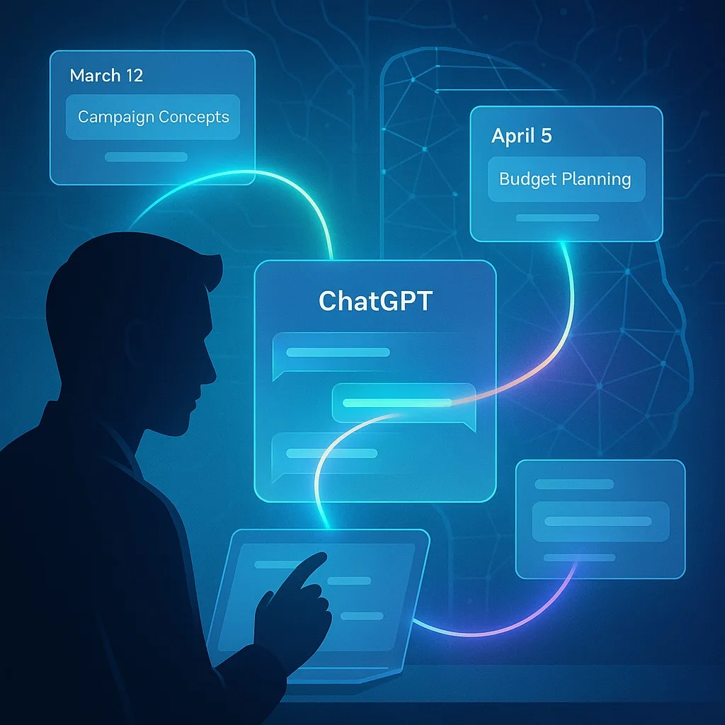 Silhouette of a man at a laptop with floating ChatGPT chat panels dated March 12 and April 5.