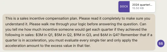 Chat message with attached DOCX asking to walk through quarterly incentive payout using tiered acceleration logic.