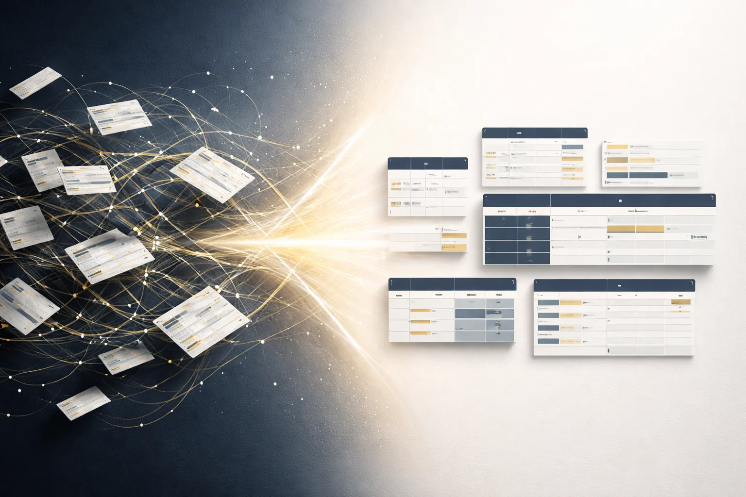 Loose scattered spreadsheet cards on a dark side connect through gold lines to organized white tables on a light side.