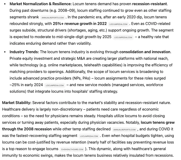 Report text on locum tenens market resilience, recession resistance, and industry consolidation trends.