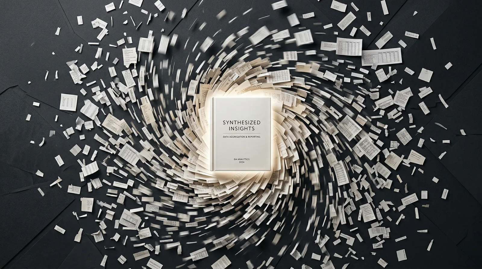 A white report labeled Synthesized Insights at the center of a swirling vortex of paper.