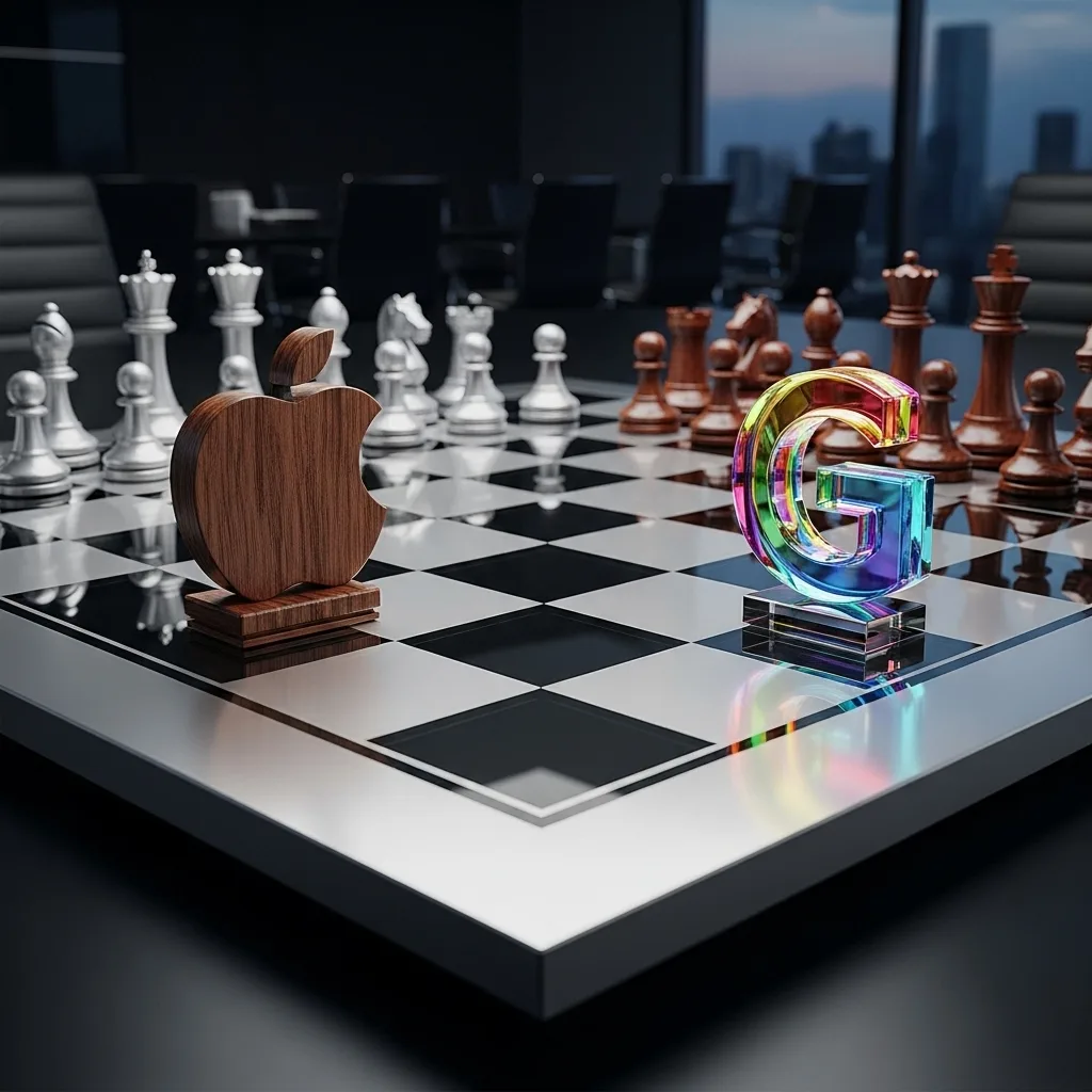 Wooden Apple logo and rainbow glass Google G on a chessboard in a boardroom