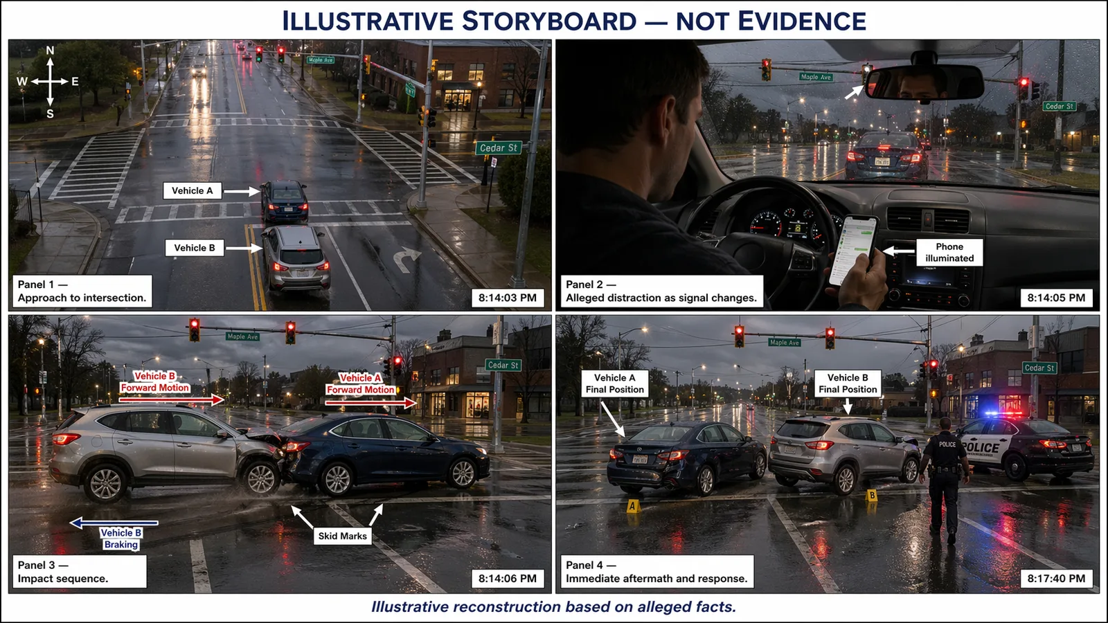 Storyboard labeled not evidence, four panels reconstructing an intersection collision based on alleged facts.