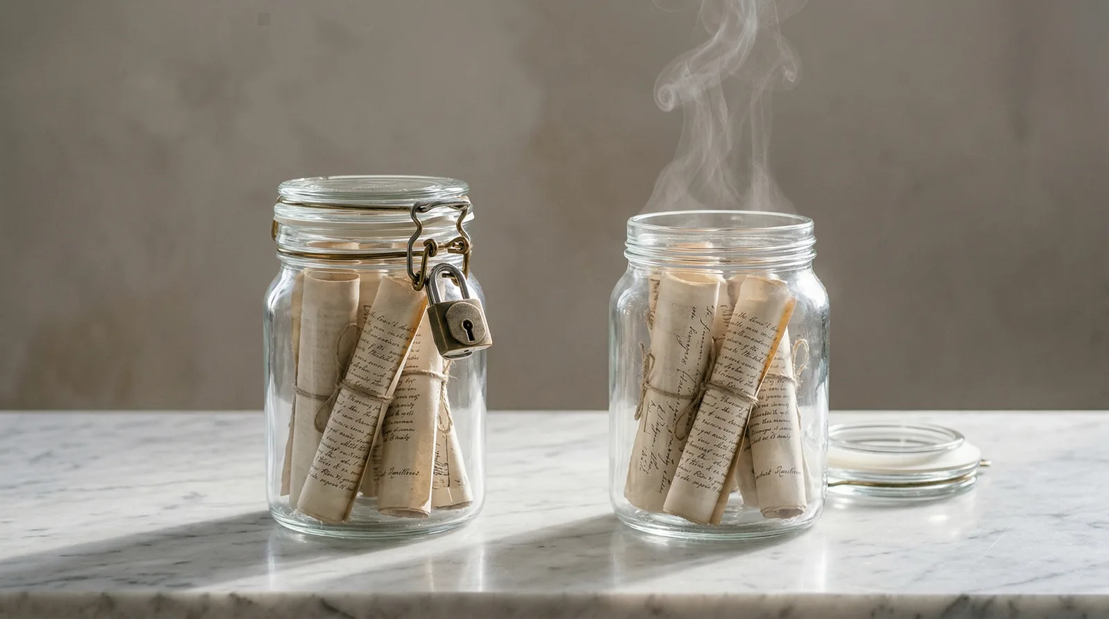 Two glass jars of rolled handwritten notes on marble, one locked with a padlock, one open with steam.