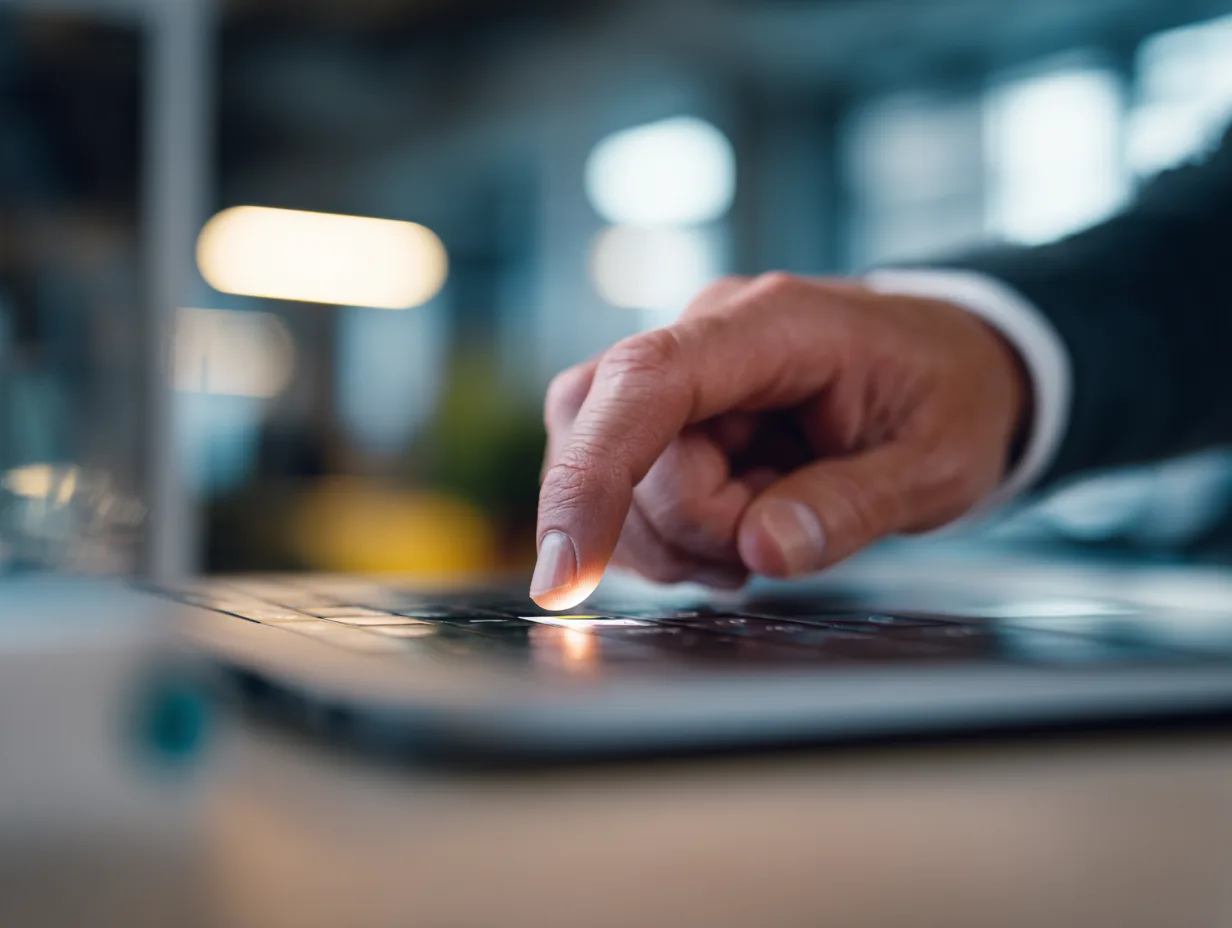 Close-up of a hand pressing a glowing key on a laptop in a softly lit office.