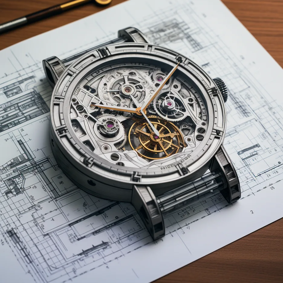 Skeleton mechanical watch with gold and silver gears sitting on architectural blueprints on a wooden desk.