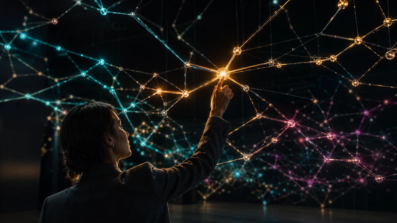 A person in a dark blazer reaching up into a vast network of glowing nodes and connecting lines, touching one node so the paths running out from it light up gold. The map of how the work connects, rather than the technology itself, is the asset.