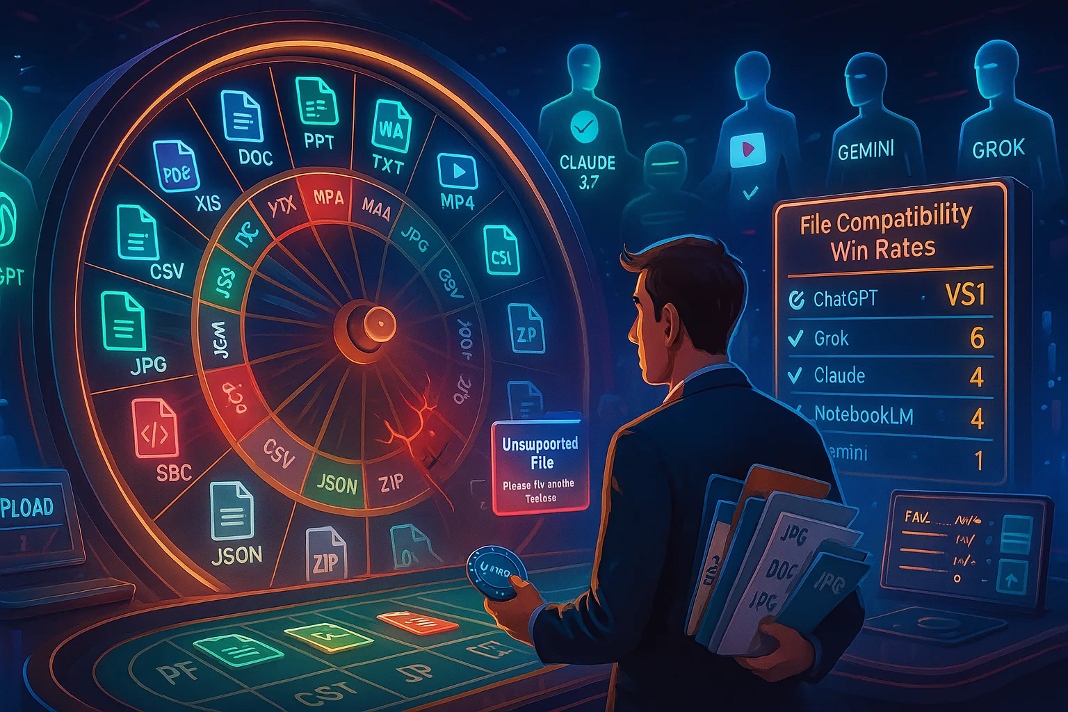 Man facing a casino wheel of file-type icons and a File Compatibility Win Rates panel listing AI tools.