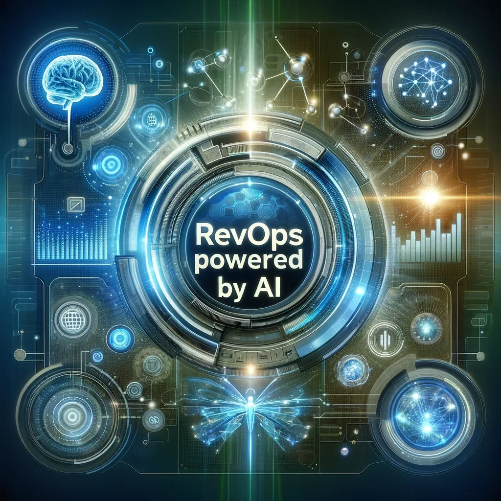 Digital illustration with the text RevOps powered by AI surrounded by circuit and brain graphics