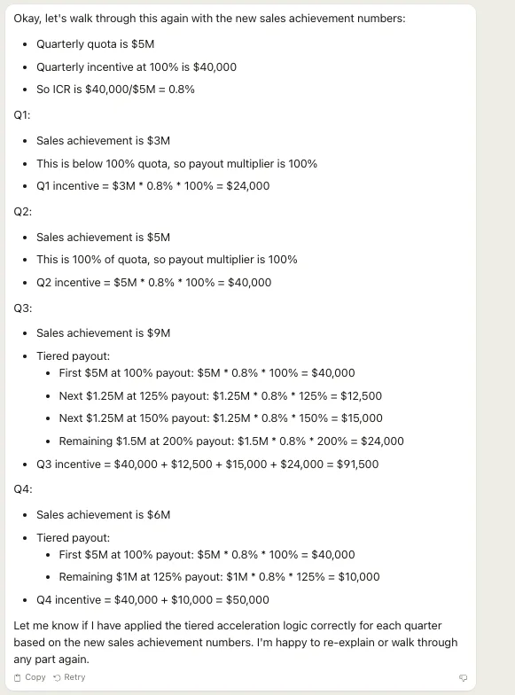 AI chat response calculating quarterly sales incentive payouts per quarter using ICR and tiered acceleration multipliers.