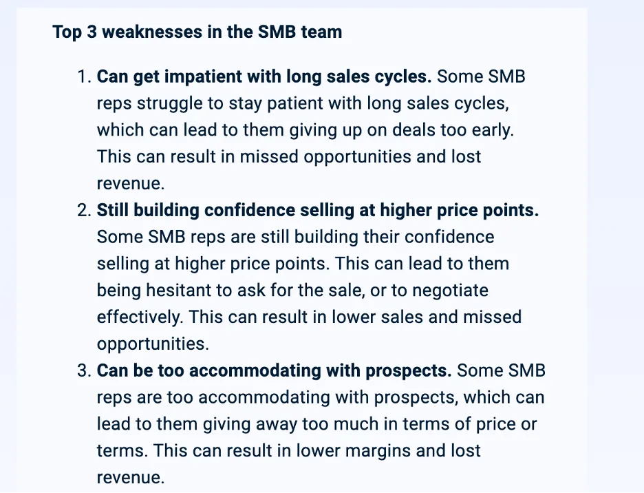List of top 3 weaknesses in the SMB team including impatience and confidence selling at higher prices