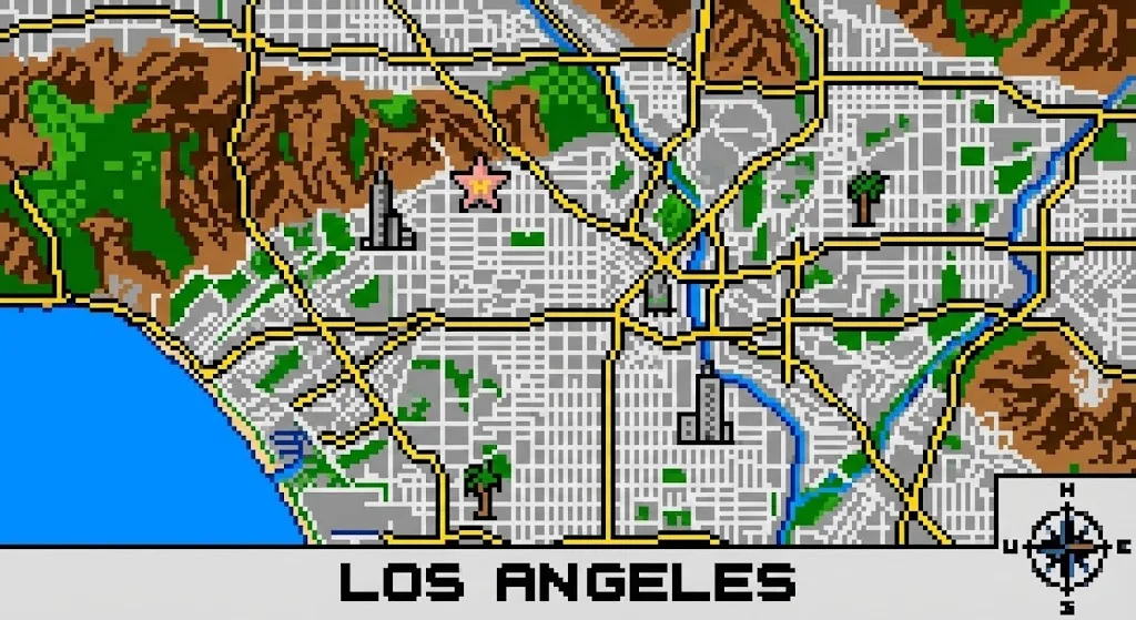 Retro pixel-art style map of Los Angeles with highways, mountains, coastline, and a compass.