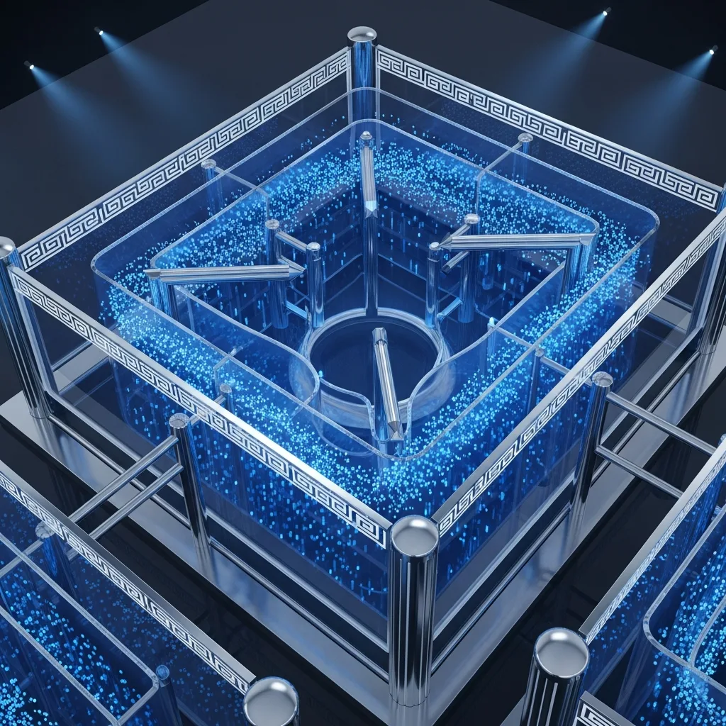 Glowing blue glass cube structure with intricate inner channels and particles, set on a dark surface.