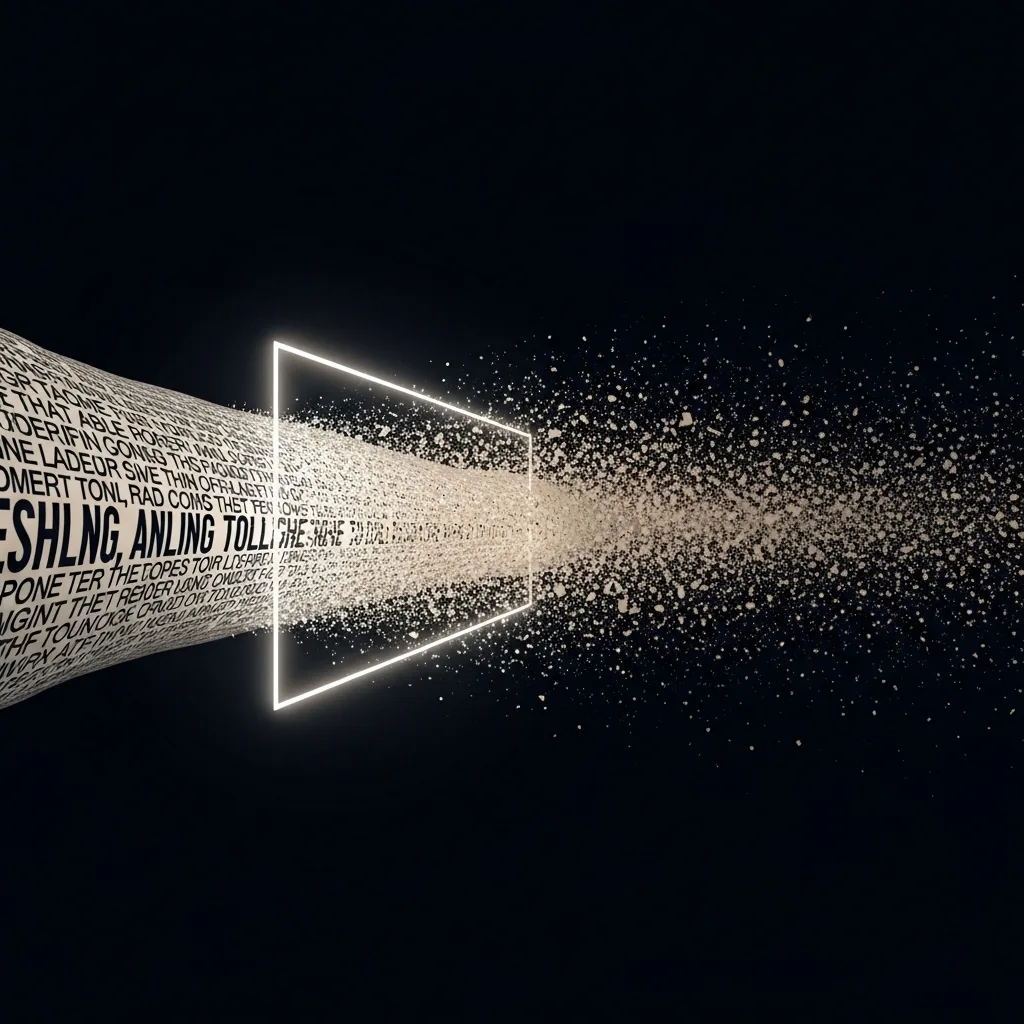 Text on a flowing ribbon dissolving into scattered particles, framed by a glowing white rectangle.