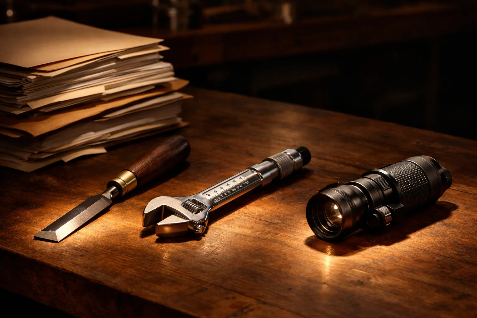 Wood chisel, adjustable wrench, and black tool on a warm-lit table beside stacked papers.
