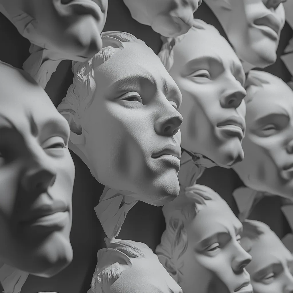 Grayscale carved stone faces in profile, repeated and stacked in a dense cluster.