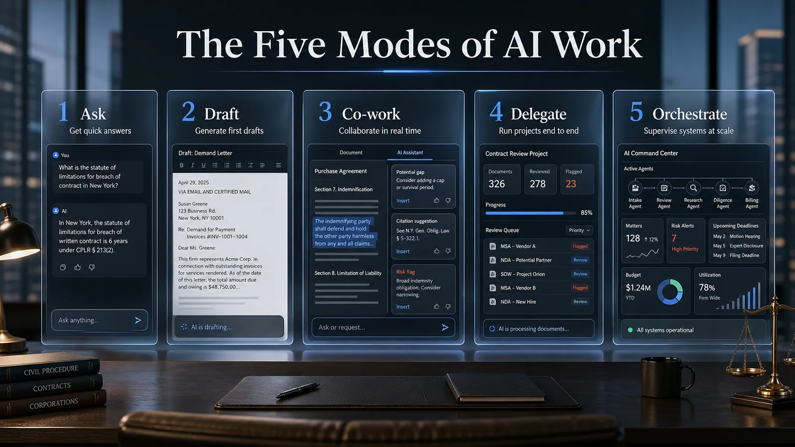 Diagram titled The Five Modes of AI Work: ask, draft, co-work, delegate, orchestrate, with mockup panels.