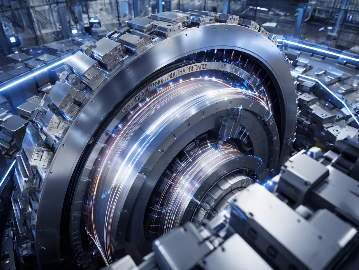 Close-up of intricate metallic circular machinery with glowing inner core in an industrial facility.