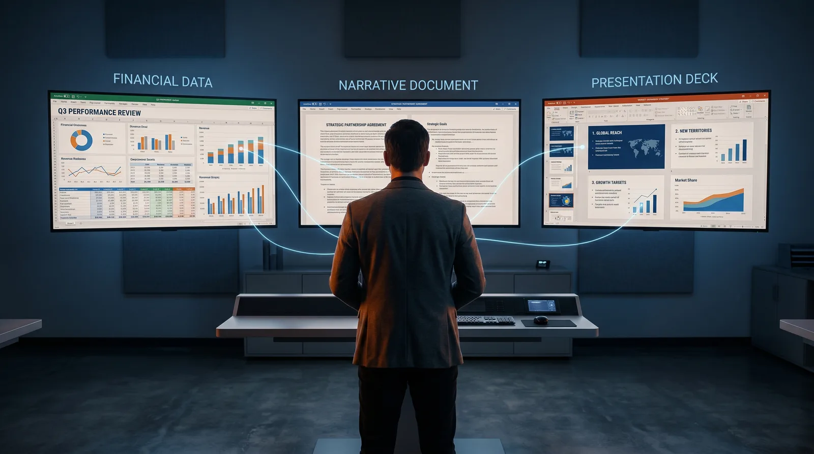 Man views three large screens labeled Financial Data, Narrative Document, Presentation Deck.