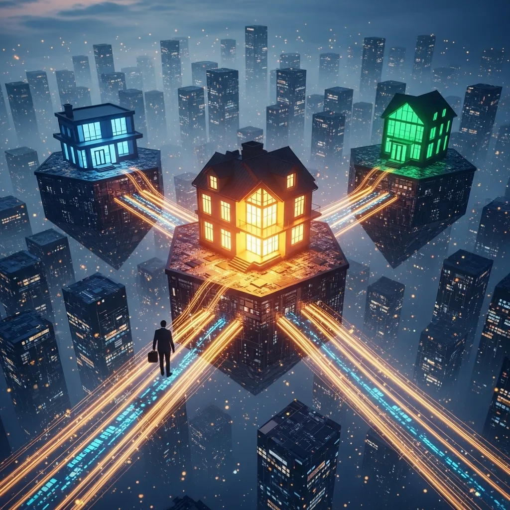 Glowing house on light trails over a night city, with blue and green houses, person below.