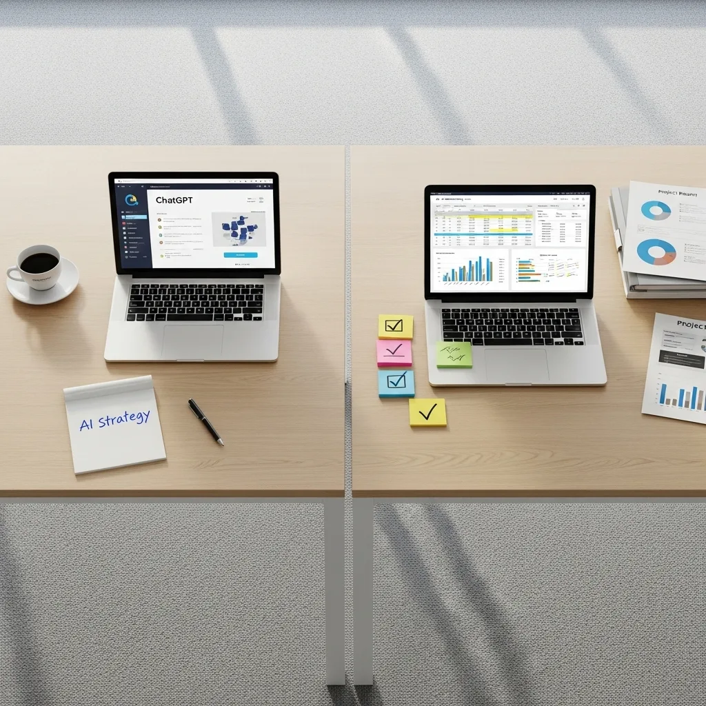 Two laptops on a divided desk showing dashboards, with sticky notes and an AI Strategy card.