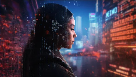 Profile of a woman against a glowing city skyline overlaid with digital data, code, and pixels.