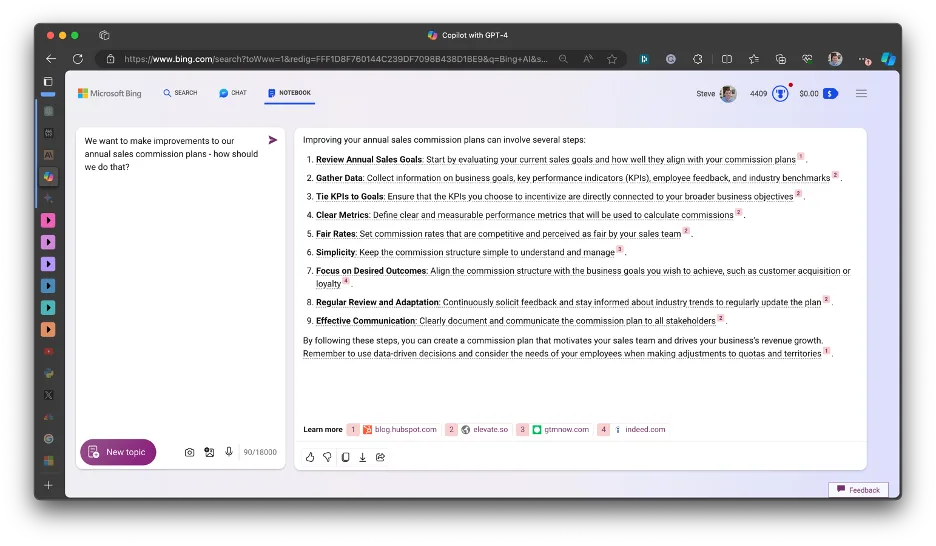 Bing Copilot Notebook answer listing nine steps to improve annual sales commission plans