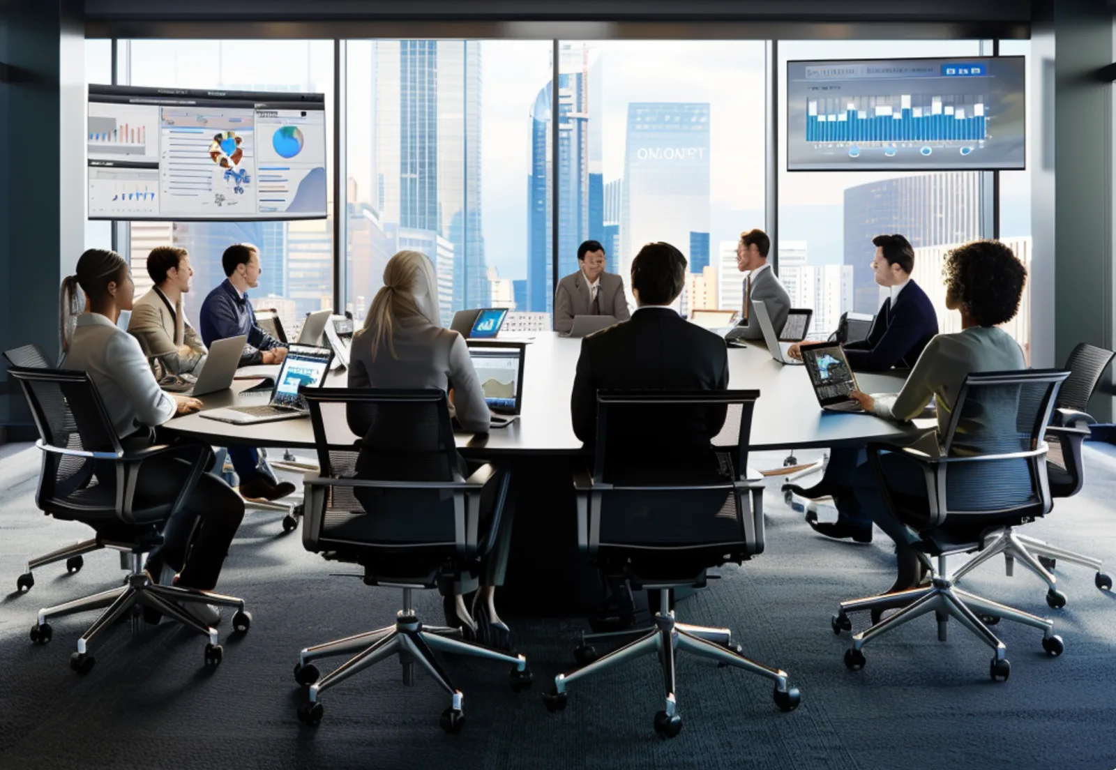 Business team around a conference table with laptops, data charts on screens, city view.