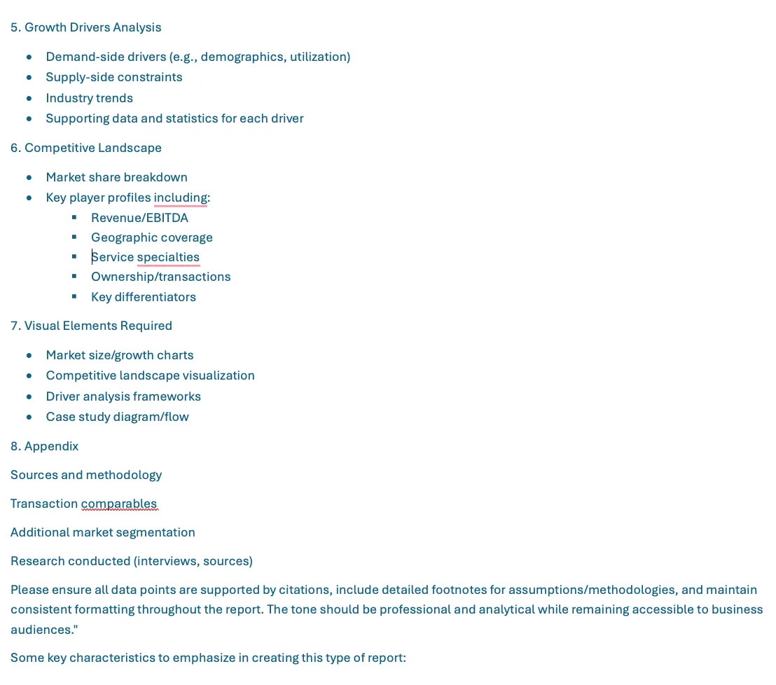 Prompt outline continuing with growth drivers, competitive landscape, visual elements, and appendix sections.