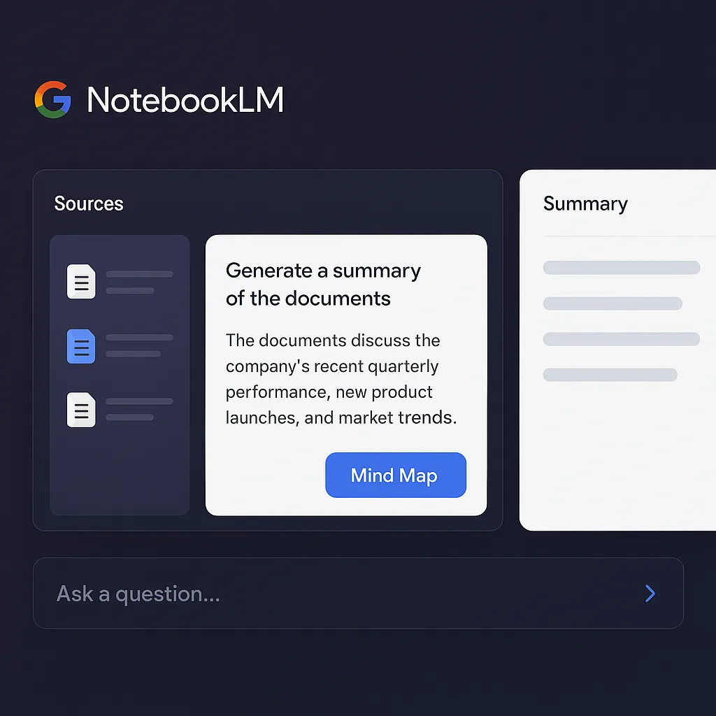 Dark NotebookLM interface mockup showing Sources, document summary, Mind Map button, and a question field.
