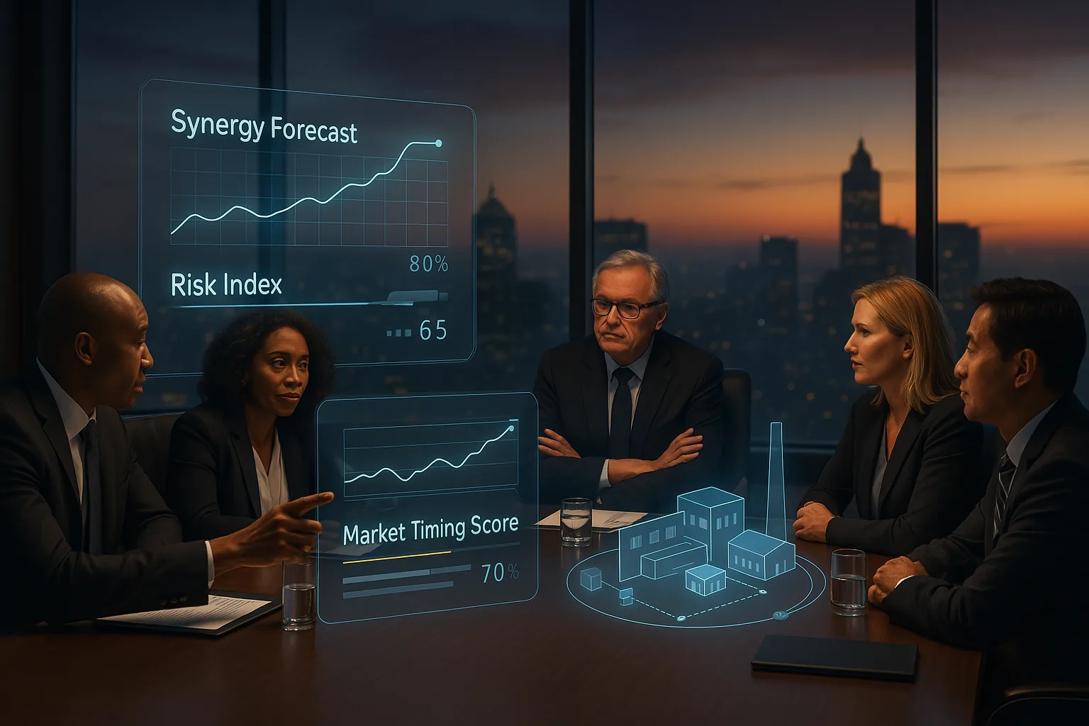 Executives at a boardroom table with glowing holographic charts labeled Synergy Forecast and Risk Index.