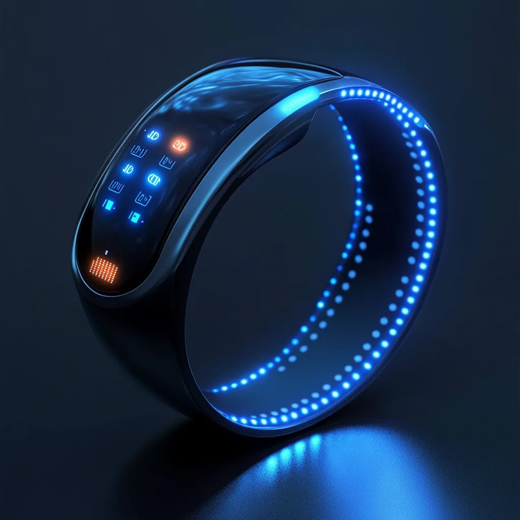 Sleek black wristband with glowing blue and orange LED indicators on a dark background.