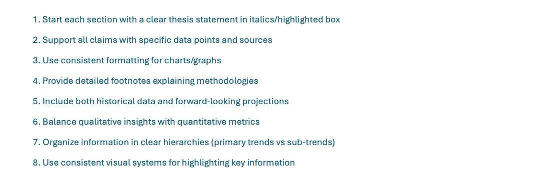 Numbered list of eight report characteristics including thesis statements, data sourcing, and consistent formatting.